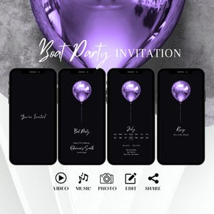Minimalist Boat Party Invitation, Elegant Animated Yacht Invite, Purple Beach Cruise Birthday Evite, Classy Digital Sailing Edit Template