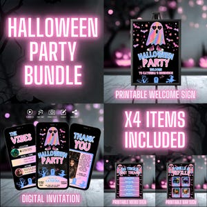 Könnte beinhalten: Ein Halloween-Party-Bundle mit einem Willkommensschild, einer digitalen Einladung, einem Menüschild und einem Barschild. Die Schilder zeigen eine Geistergrafik und den Text "Halloween Party". Die digitale Einladung wird auf drei Smartphones angezeigt.
