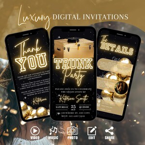 Digital Graduation Trunk 2025 Party Invitation, Animated Gold Grad Announcement Invite, Highschool Grad Evite, High School Template eCard