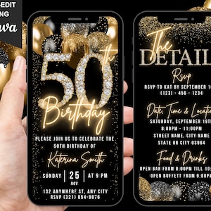 Faire-part numérique 50e anniversaire, 50 invitations, ballon en or noir cinquante diamants, invitation à une soirée de gala cravate noire, itinéraire électronique modifiable