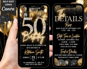 Digital 50th Birthday Invitation, 50 Invite, Black Gold Balloon Diamond Fifty Party Invite For Black Tie Gala, Editable Itinerary eCard