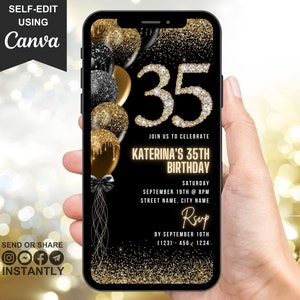 Digital 35th Birthday Party Invitation, Animated Black Gold Dinner Celebration, Diamond Brunch Evite, Self Editable Canva Template eCard