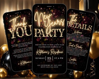 Può includere: Tre mockup di smartphone neri con uno sfondo di glitter dorati. Il testo sui mockup recita "Thank You", "New Years Party" e "The Details". Il testo è in un font corsivo dorato. Lo sfondo è viola scuro con glitter dorati.