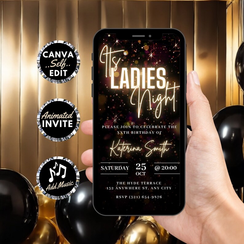 Digital Ladies Night Invitation, Animated Birthday Dinner Black Gold ...