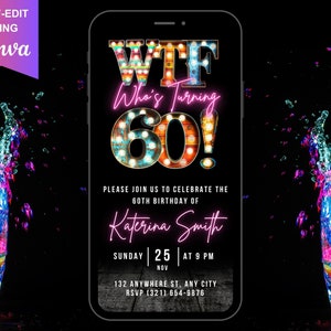 Digital WTF 60th Birthday Invitation, Animated Fun Adult Backyard BBQ Invite, Pink Marquee Patio Drinks Evite, Self Editable Template eCard