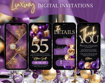 May include: Digital invitation design with a purple and gold theme. The design includes four smartphone screens displaying event details, including a "Thank You" message and the number "55". The text "Luxury Digital Invitations" is at the top.