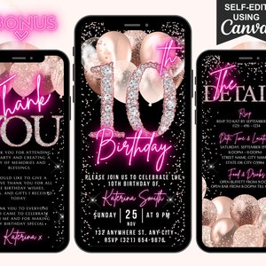 Invitación digital para décimo cumpleaños, invitación animada para décimo cumpleaños, texto en fuente rosa neón con diamantes dorados, itinerario y tarjeta electrónica de agradecimiento.