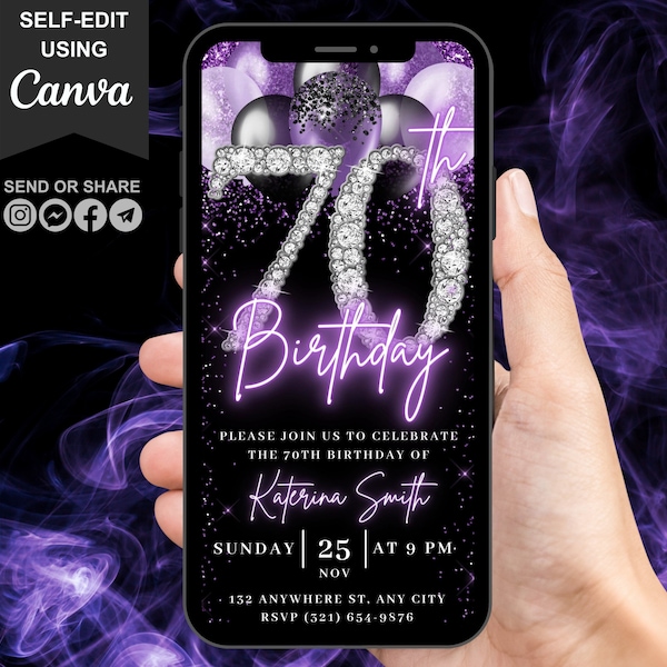 Digital 70th Birthday Invitation, Video 70th Purple Silver Invite For Women, Lavender Balloon Diamond Seventy Evite Her, Self Editable eCard