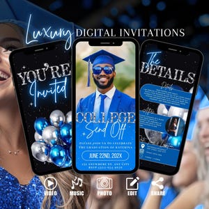Invito per la festa di laurea al college, invito digitale per la festa del baule blu della laurea, invito per foto del liceo per uomini, modello di foto di addio eCard