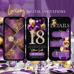 Puede incluir: Tres teléfonos inteligentes que muestran invitaciones digitales para una celebración de cumpleaños número 18. Las invitaciones presentan esquemas de color dorado y púrpura, con texto que incluye el nombre "Katerina Smith" y detalles del evento. La palabra "Luxury" está en la parte superior.