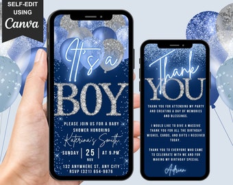 Digital Boy Baby Shower Invitation, Animated Baby Shower Invite, Blue Silver Balloons Diamonds Phone Mobile Evite, Editable Thank You eCard