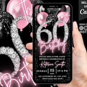 Digital 60th Birthday Invitation, Blush Pink Girls 60 th Balloon Diamond Invite For Her, Womens Animated Evite, Self Editable Template eCard