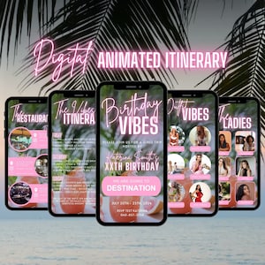 Digital Birthday Vibes Invitation, Animated Travel Vacation Itinerary, Pink Palm Weekend Schedule Trip Evite, Editable Planner Template