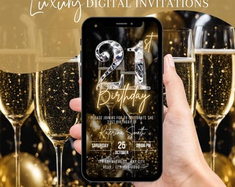 Convite digital para aniversário de 21 anos, convite animado para jantar feminino, convite para brunch em ouro preto com 21 anos, modelo de cartão eletrônico autoeditável