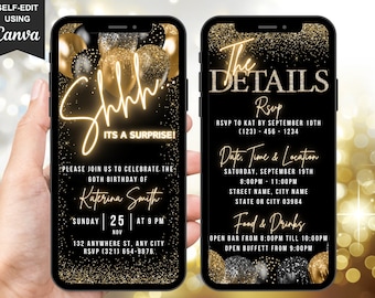 Pode incluir: Um convite digital preto e dourado com confete e balões dourados. O texto diz "Shh... É uma surpresa!" e "Por favor, junte-se a nós para celebrar o 60º aniversário de Katerina Smith. Domingo, 25 de novembro às 21h. 132 Anywhere St., Any City. RSVP (321) 654-9876." A seção de detalhes inclui as informações de RSVP, a data, a hora e o local. O texto diz "Os detalhes. RSVP para Kat até 10 de setembro (123) 456-1234. Data, hora e local. Sábado, 19 de setembro. 20:00 - 23:00. Nome da rua, Nome da cidade. Estado ou cidade 03984. Comida e bebidas. Bar aberto das 20:00 às 22:00. Buffet aberto a partir das 21:00."