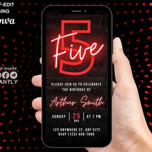 5e Flyer numérique d'invitation d'anniversaire, invitation vidéo rouge de la cinquième fête pour garçons, 5e anniversaire pour dîner, modèle de carte électronique bricolage auto-éditable
