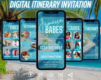 May include: Digital itinerary invitation featuring multiple smartphone screens. The screens display text and images related to a girls' trip to Jamaica, including outfit ideas, restaurant suggestions, and a birthday celebration. The invitation includes the text "Jamaica Babes" and "Katerina Smith's XXTH Birthday."