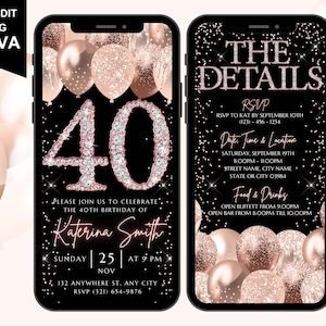 Modello di invito per il 40° compleanno digitale, invito elettronico per il compleanno, invito per il 40° compleanno con coriandoli oro rosa, itinerario giornaliero modificabile