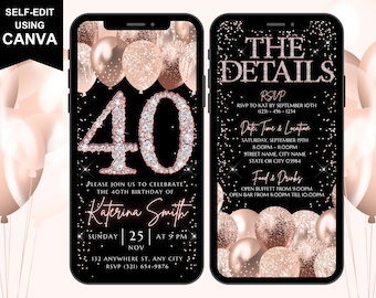 Digital Forty 40th Birthday Invitation Template, Electronic Birthday Evite, Rose Gold Confetti 40th Birthday Invite, Editable Day Itinerary