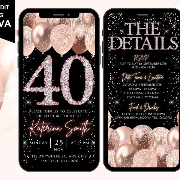 Digital Forty 40th Birthday Invitation Template, Electronic Birthday Evite, Rose Gold Confetti 40th Birthday Invite, Editable Day Itinerary