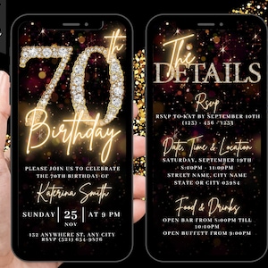 Invitation vidéo numérique pour fête d'anniversaire des 70 ans, invitation 70e pour elle, Evite animée or noir argent et diamants, itinéraire électronique auto-modifiable