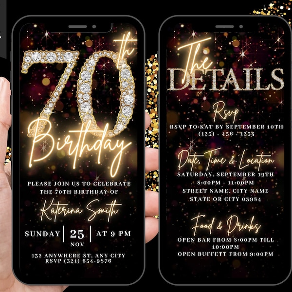Digital 70th Birthday Party Video Invitation, 70th Invite For Her , Animated Black Gold Silver Diamond Evite, Self Editable Itinerary eCard