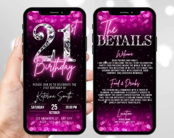 Digital 21st Birthday Invitation, Animated Hot Pink Womens Invite, Glam Diamond Dinner Party Luxury Evite, Self Edit Canva Itinerary eCard