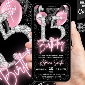 May include: A black and pink digital invitation for a 15th birthday party. The invitation features a large number 15 with diamond accents, pink balloons, and the text "Birthday" in neon pink. The invitation also includes the name "Katerina Smith", the date "Sunday | 25 | Nov", the time "At 9 PM", and the address "132 Anywhere St. Any City". The invitation is designed to be edited using Canva.