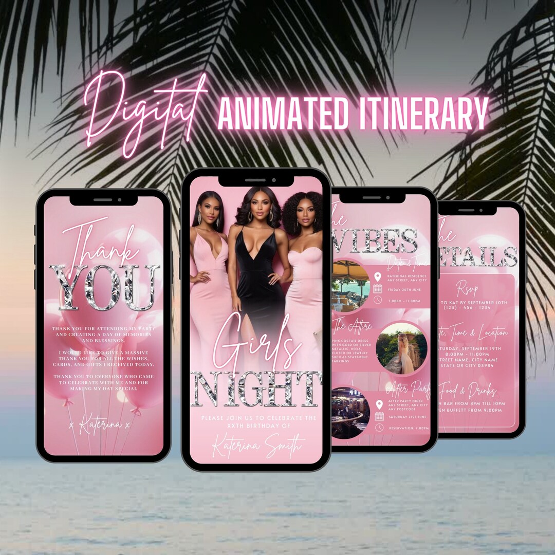 Digital Girls Night Invitation, Animated Birthday Dinner Pink Party ...