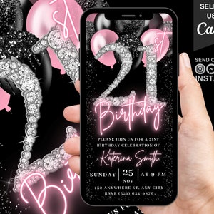 Digitale 21e verjaardagsuitnodiging, Blush Pink Girls 21 ballon diamant uitnodigen voor haar, geanimeerde Evite voor dames, zelf bewerkbare sjabloon e-card