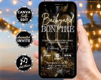 Digital Backyard Bonfire Invitation, Animated Black Gold Birthday Invite, Celebration Backyard BBQ Evite For Women, Editable Template eCard