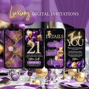 Luxury Purple Gold 21st Birthday Invitation, Digital Envelope Animated Invite, Brunch Evite, Dinner Party Editable Template Ecard For Women