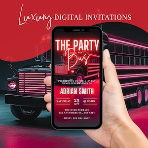 Digital VIP Party Bus Invitation, Boys Gaming Birthday Party Invite, Red Bus Evite For Men, Party Bus Evite, Self Editable Template eCard