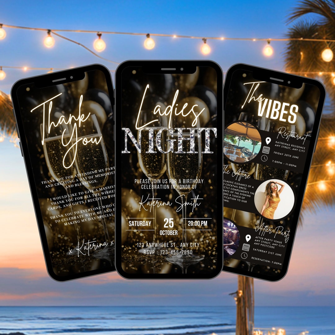 Digital Ladies Night Invitation, Animated Birthday Dinner Black Gold ...