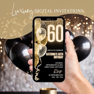 Digital 60th Birthday Invitation, Animated 60th Dinner Party Invite For Women, Gold Text Evite For Men, Self Editable Template Video Ecard
