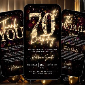 Invitación digital en video para fiesta de 70 cumpleaños, invitación para cena de 70 cumpleaños para mujeres, invitación sorpresa de 70 cumpleaños para hombres, paquete de tarjetas electrónicas autoeditables