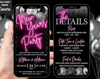 Digital New Years Eve Party Invitation Template, Animated NYE Party Invite, Black Pink Invite, Celebration Evite, Editable Itinerary eCard