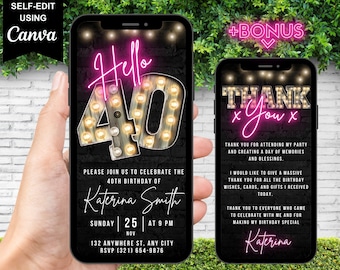 Digital Hello Forty 40th Birthday Invitation, Electronic Virtual 40th Party Invite, Marquee Pink Neon Evite Editable Thank You Ecard Message