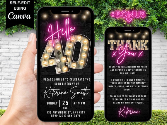 Digital Hello Forty 40th Birthday Invitation, Electronic Virtual 40th Party Invite, Marquee Pink Neon Evite Editable Thank You Ecard Message