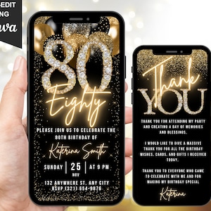 Invito digitale per l'80° compleanno e biglietto di ringraziamento elettronico, invito animato per la cena "Ottanta Nero Oro" per lei, invito telefonico personalizzato modificabile con testo Canva