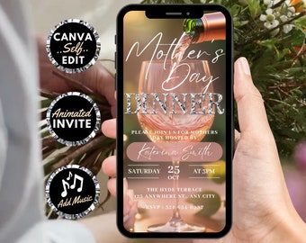 Digital Mothers Day Dinner Invitation, Animated Happy Mothers Day Invite, Mom and Mimosa's Rose Wine Evite, Self Editable Template Ecard