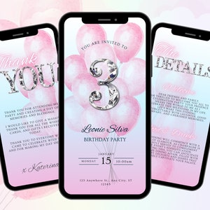 Convite digital para 3º aniversário, convite animado para menina de 3 anos, convite para terceiro marco, itinerário autoeditável e cartão eletrônico de agradecimento