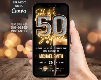 Digital Surprise 50th Birthday Invitation For Men, Beer Invite For Him, Rustic Backyard BBQ Party Evite For Man, Self Edit Template Ecard