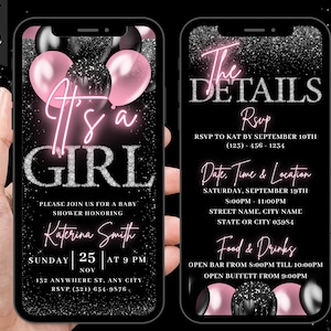Digital Baby Girl Shower Invitation, Animated Baby Shower Invite, Blush Pink Balloons Diamonds Phone Mobile Evite, Editable Itinerary eCard