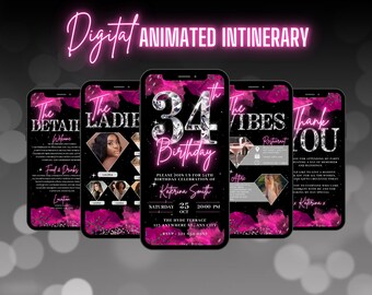 Digital 34th Birthday Invitation, Animated Hot Pink Ladies Dinner Party Invite, Neon Pink Diamond Evite, Self Editable Template eCard Bundle