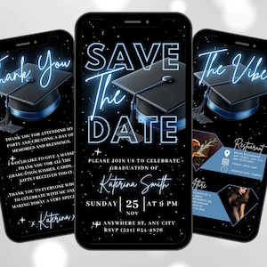Digital Save The Date Abschlusseinladung, animierte blaue College-Party einladen, sie hat es Evite, bearbeitbarer Reiseplan & Danke eCard