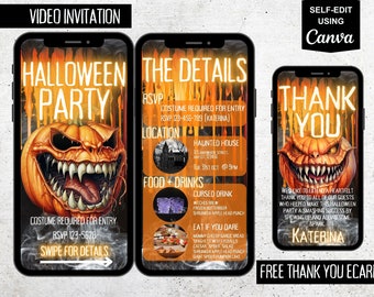 Digital Halloween Party Invitation, Animated Adult Costume Party Evite, Electronic Phone Text Virtual Invite, Self Editable Canva Template