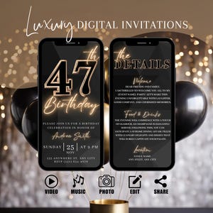 Digital 47th Birthday Party Invitation, Animated Black Gold Dinner Invite For Women, Brunch Evite For Her, Self Editable DIY Itinerary eCard