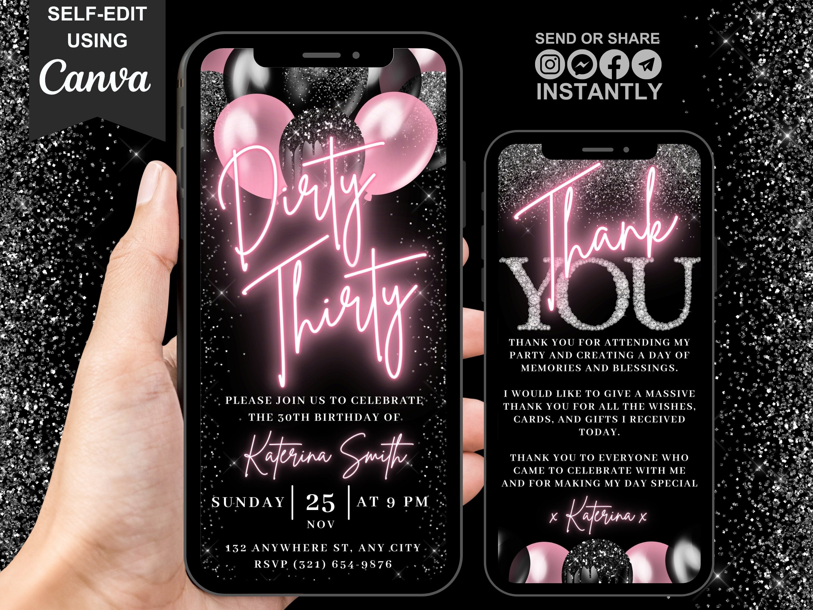 Digital Dirty 30 Birthday Invitation For Women, Thirty and Dirty Invite, Video Blush Pink 30 Party Invite For Her, Editable Thank You eCard