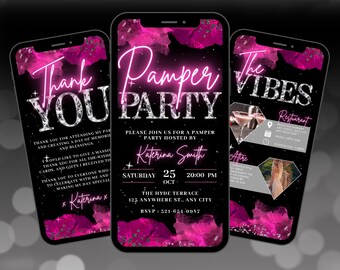 Invitación digital para fiesta de mimos, invitación de cumpleaños animada en rosa intenso, pijamada para niñas en spa con invitación electrónica, itinerario editable y tarjeta de agradecimiento.
